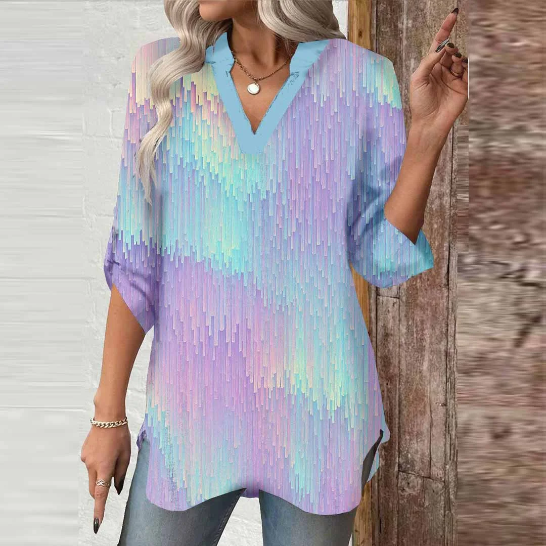Women Glitter,Purple,Ladynora DZGA0014 3/4 Sleeve V-neck Printed Graphic Button Tops