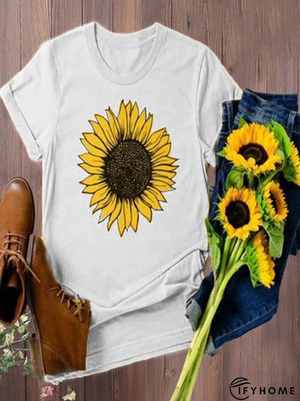 Vintage Short Sleeve Sunflower Printed Casual Top | IFYHOME