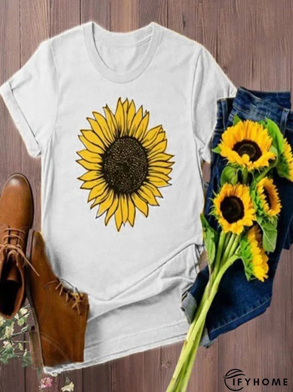 Vintage Short Sleeve Sunflower Printed Casual Top | IFYHOME