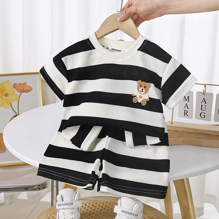 2pcs Baby Boy/Girl Embroidered Bear Striped Short T-shirt & Shorts Set