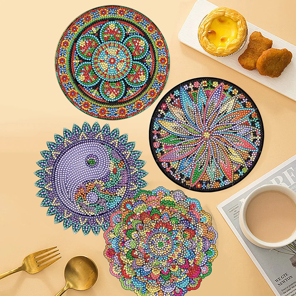 4pcs DIY Mandala Wooden Diamond Painted Placemats for Dining Table Decor(16*16cm)