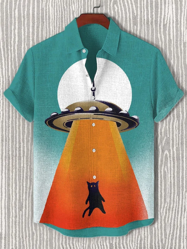 Men's Mysterious UFO Take The Cat Away Art Print Short Sleeve Shirt