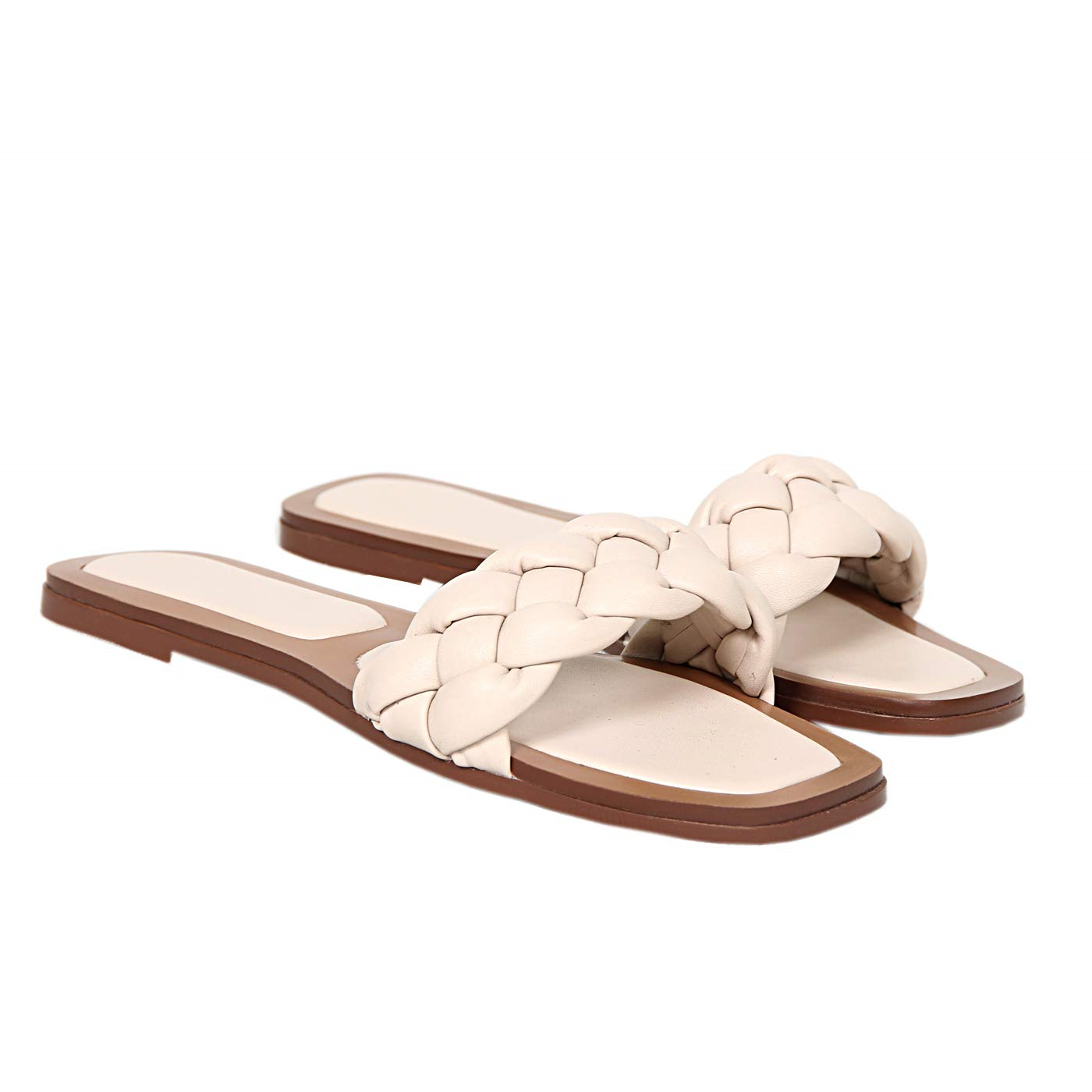 Braided Sandals for Women Slippers Open Square Toe Flats Beige-vocosishoes