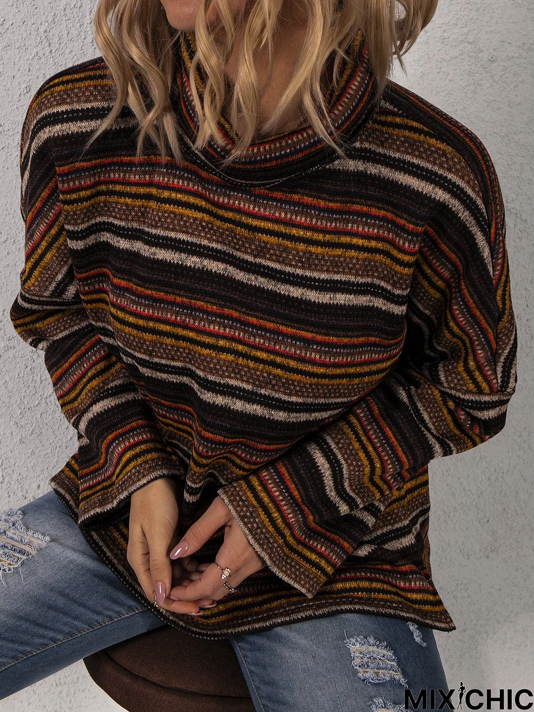 Turtleneck Long Sleeve Striped Drop-Shoulder Sweater