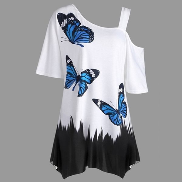 New Fashion Women Short Sleeve Tunic T-shirt Butterfly Print One Shoulder Loose Blouse Tops Plus Size - Chicaggo
