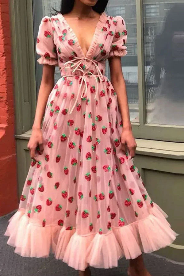 Strawberry Print Cute Lace-Up Ruffle Midi Dress