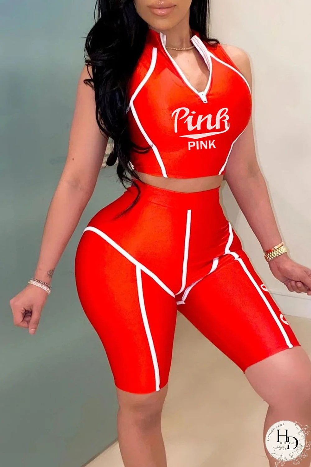 Black Casual Print Patchwork Zipper Collar Sleeveless Two Pieces