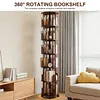 [US Local Warehouse] 6 Tier Bamboo Rotating Bookshelf on Wheels 360 Spinning Book Shelf Tower Round Revolving Bookcase Organizer Rolling Bookshelves for Small Space Corner Bedroom Office