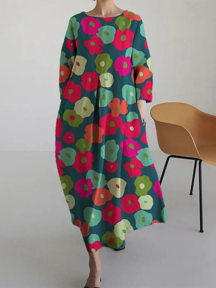 Women's Casual Coloful Flowers Print Long Sleeve Midi Dress