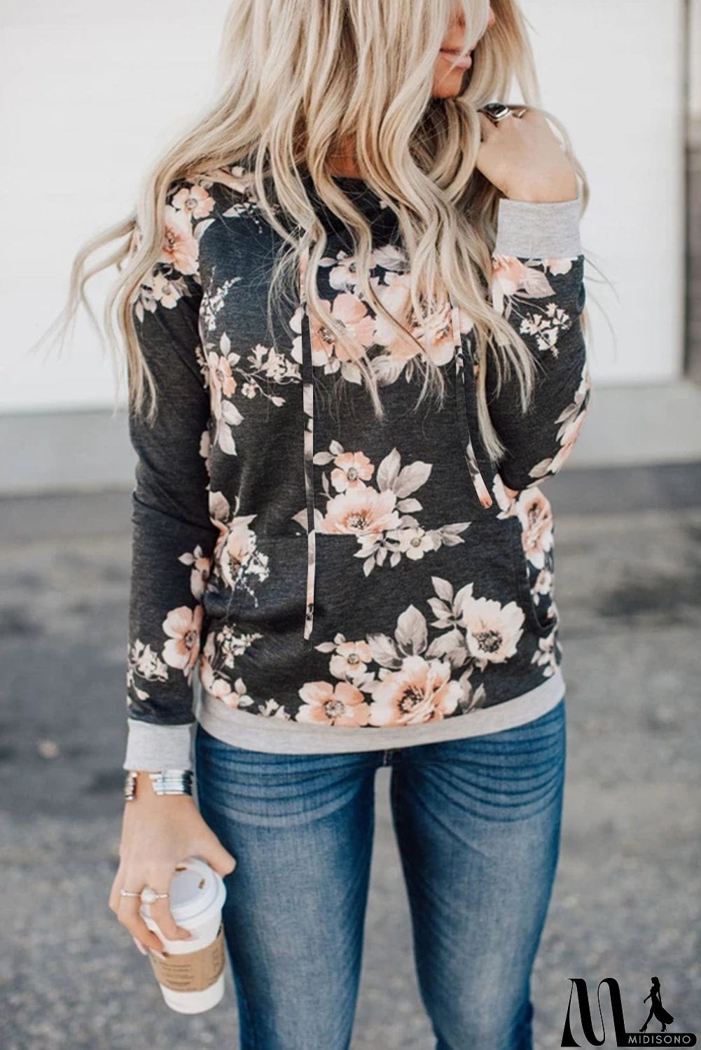 MidiSono - Floral Hoodie with Kangaroo Pocket