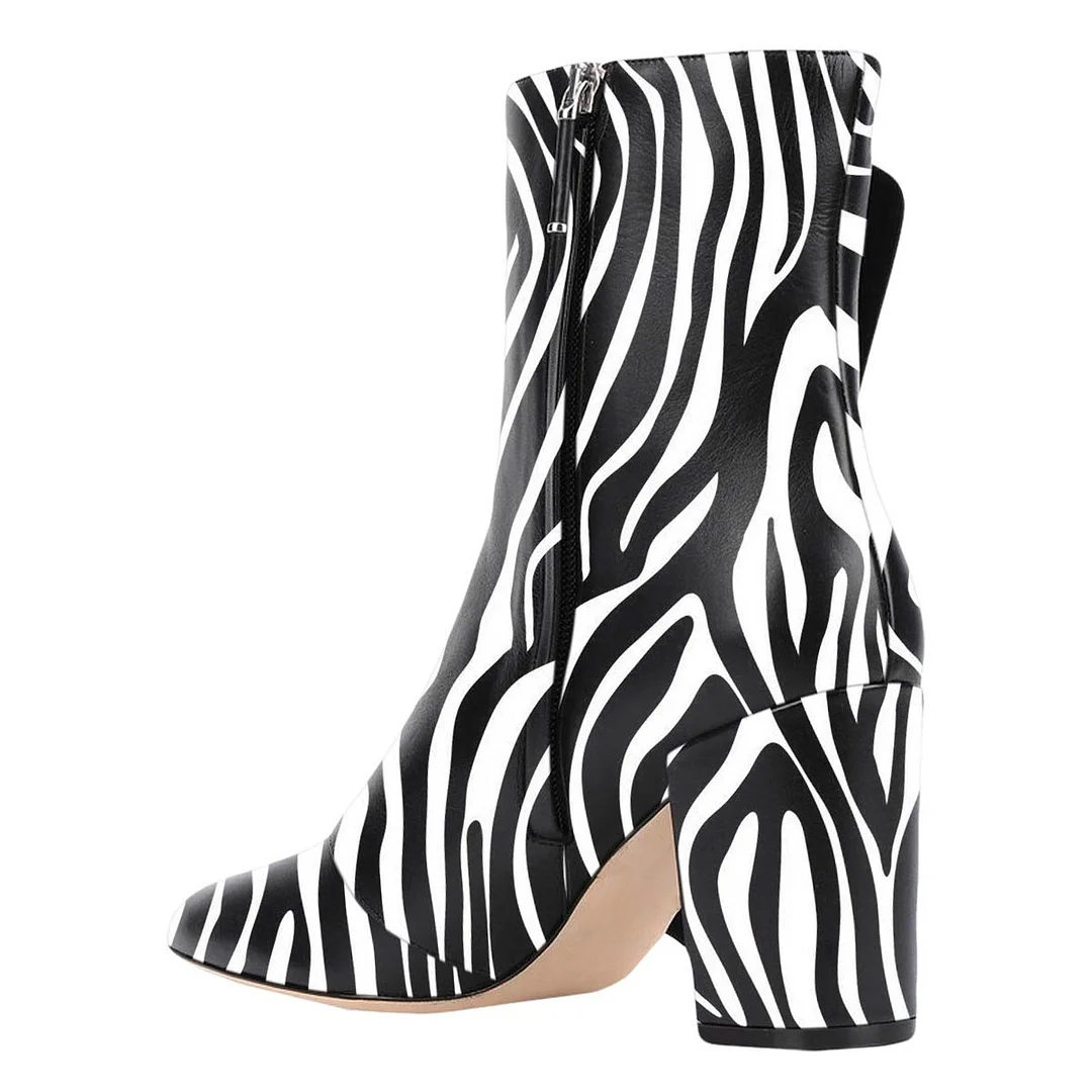 White & Black Round Toe Button Zebra Print Heeled Booties with Zipper