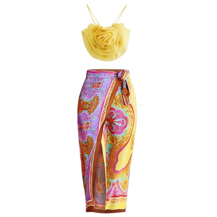 Flaxmaker 3D Flowers Tulle Suspender Tube Top Yellow Two Piece Set 