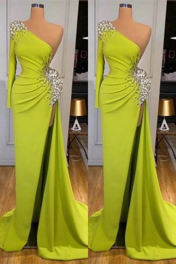 Yellow Green Long Sleeves Mermaid Prom Dress Split With Beads | Ballbellas Ballbellas