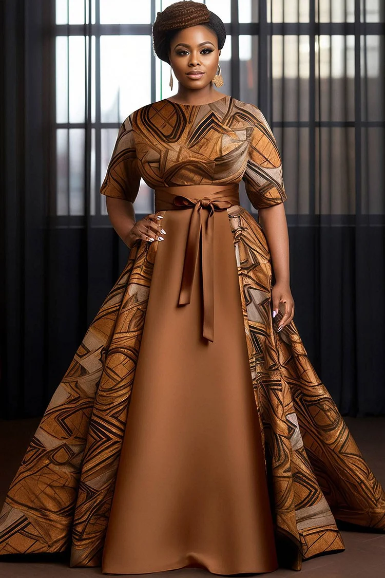 Xpluswear Design Plus Size Formal Brown African Ankara Round Neck Short Sleeve With Skirt Overlay Satin Maxi Dresses [Pre-Order] 2024 - Xpluswear