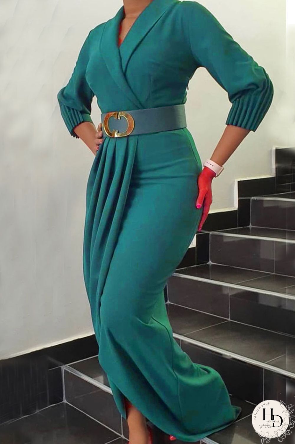 Yellow Elegant Solid Patchwork Fold With Belt V Neck Long Sleeve Plus Size Dresses