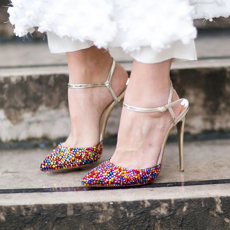 Multicolor Rhinestone Pumps Elegant Pointy Toe Ankle Strap Heels |FSJ Shoes