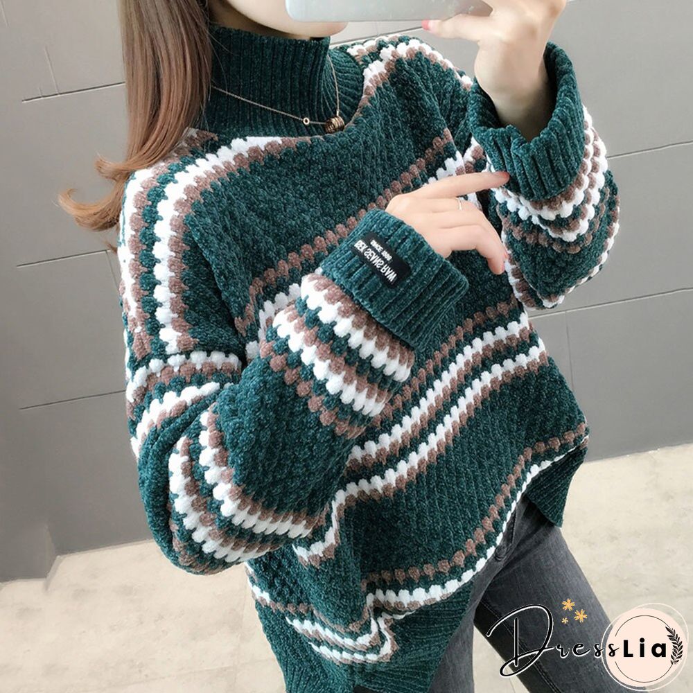 Warm Sweater Women's Velvet Full-sleeve Sweater Winter Solid Color Ladies High-neck Loose Women's Pullover
