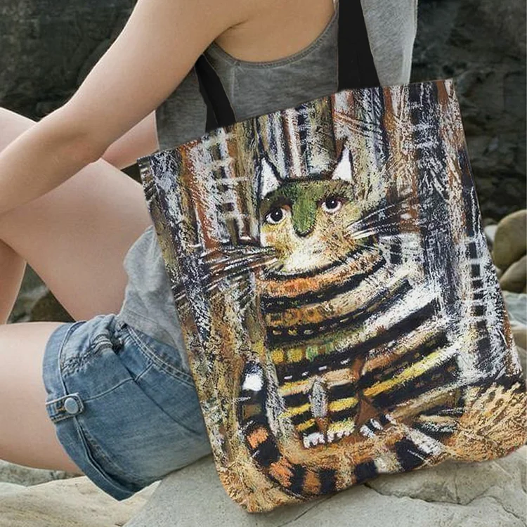 Vintage Abstract Cat Print Women's Canvas Bag