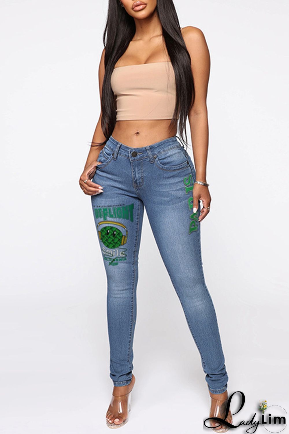 Black Fashion Casual Print Basic Mid Waist Skinny Denim Jeans