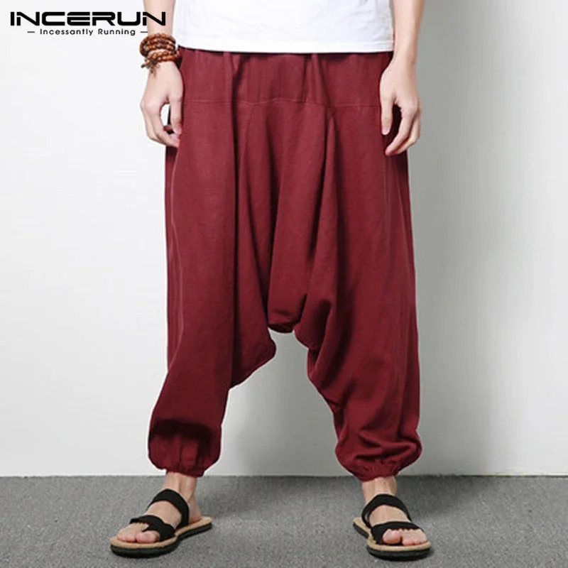 INCERUN Plus Size 5XL Men's Pants Harem Loose Wide Pant Cotton Big Drop Crotch Joggers Fashion Dance Trousers Male Clothing 2022