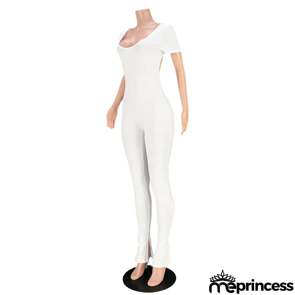 Women Sexy Solid Backless Split Flared Jumpsuit