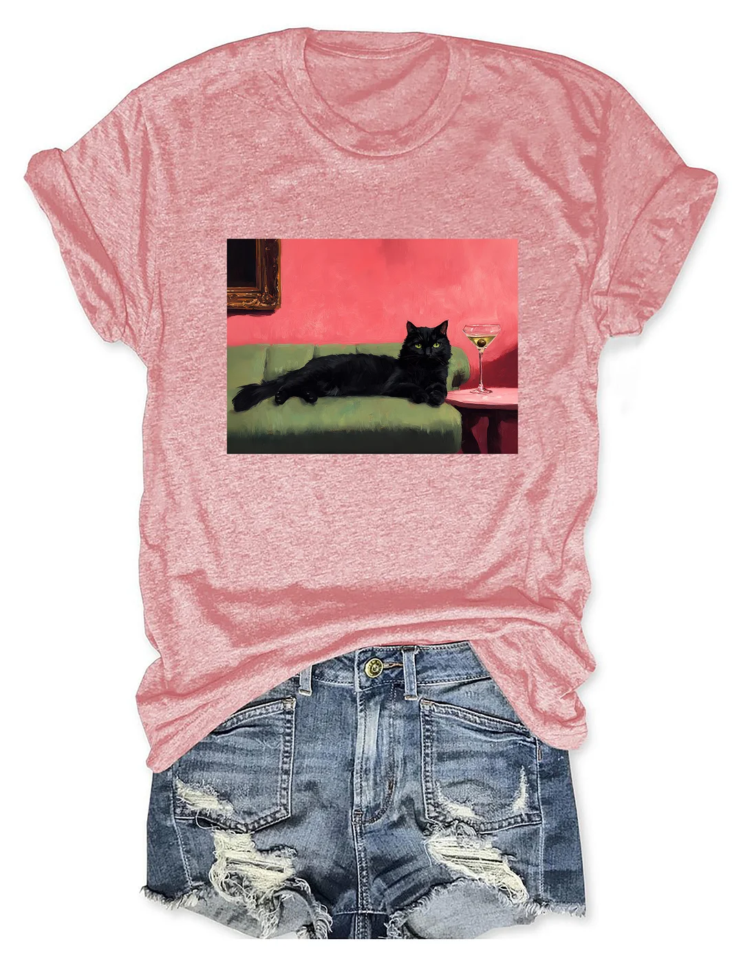Black Cat With Martini Art T-shirt