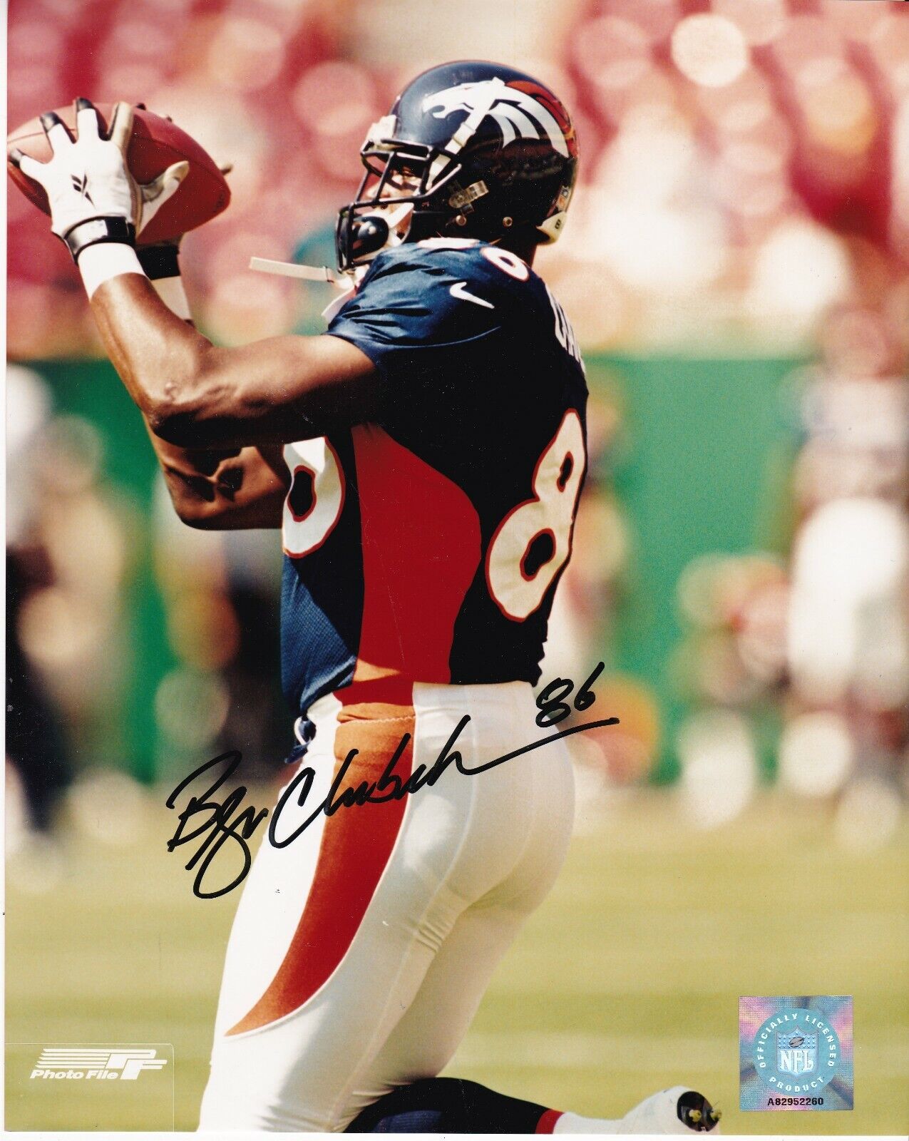 BYRON CHAMBERLAIN DENVER BRONCOS COLOR ACTION SIGNED 8x10