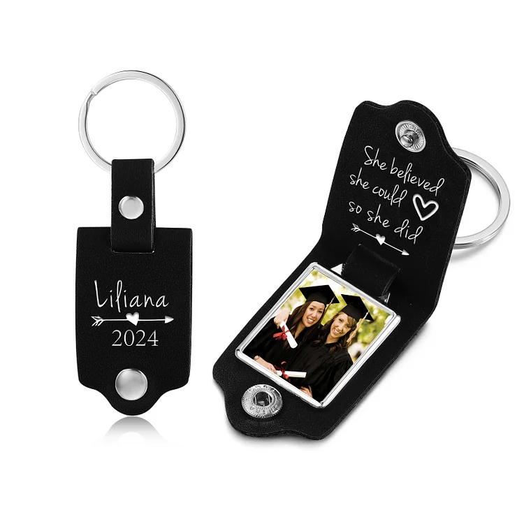 2024 Graduation Gifts - Personalized Name Flip Leather Keychain Customized Photo Keychain Gift for Her/Him