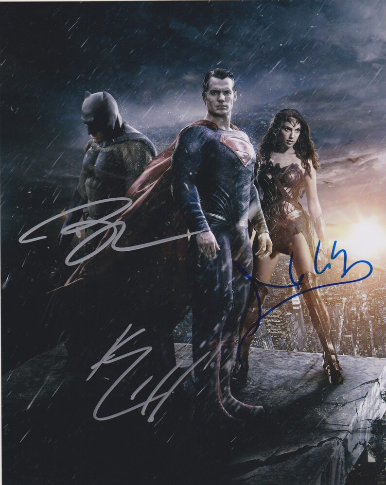 Ben Affleck, Gal Gadot & Henry Cavill Signed Autographed Justice League