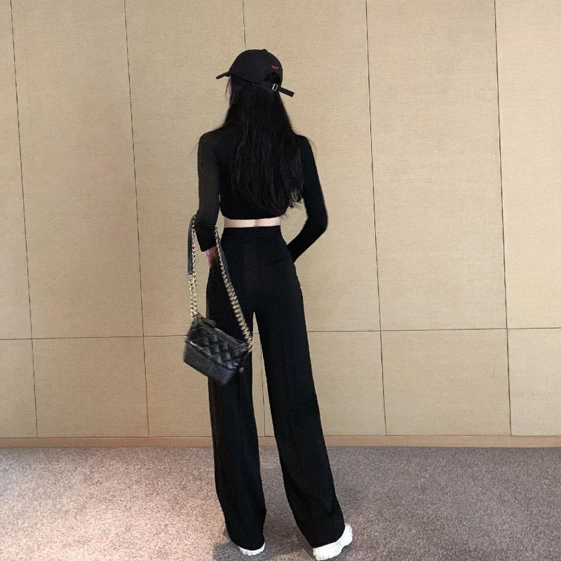 Toloer Toloer Waist Wide Leg Pants Women's Pants Autumn Hanging Feeling Loose Versatile Black Thin Suit Pants Casual Straight Leg Floor Pants-Outfit Ideas