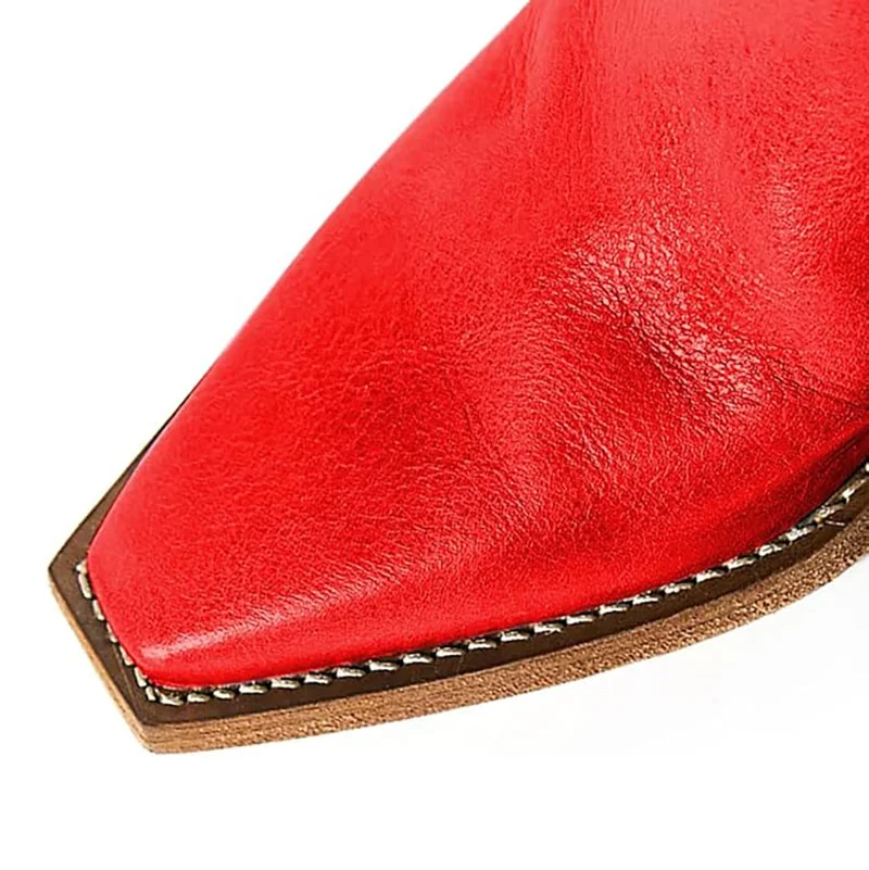 Elegant Vegan Leather Snip Toe Back-Zip Flat Ankle Boots in Red