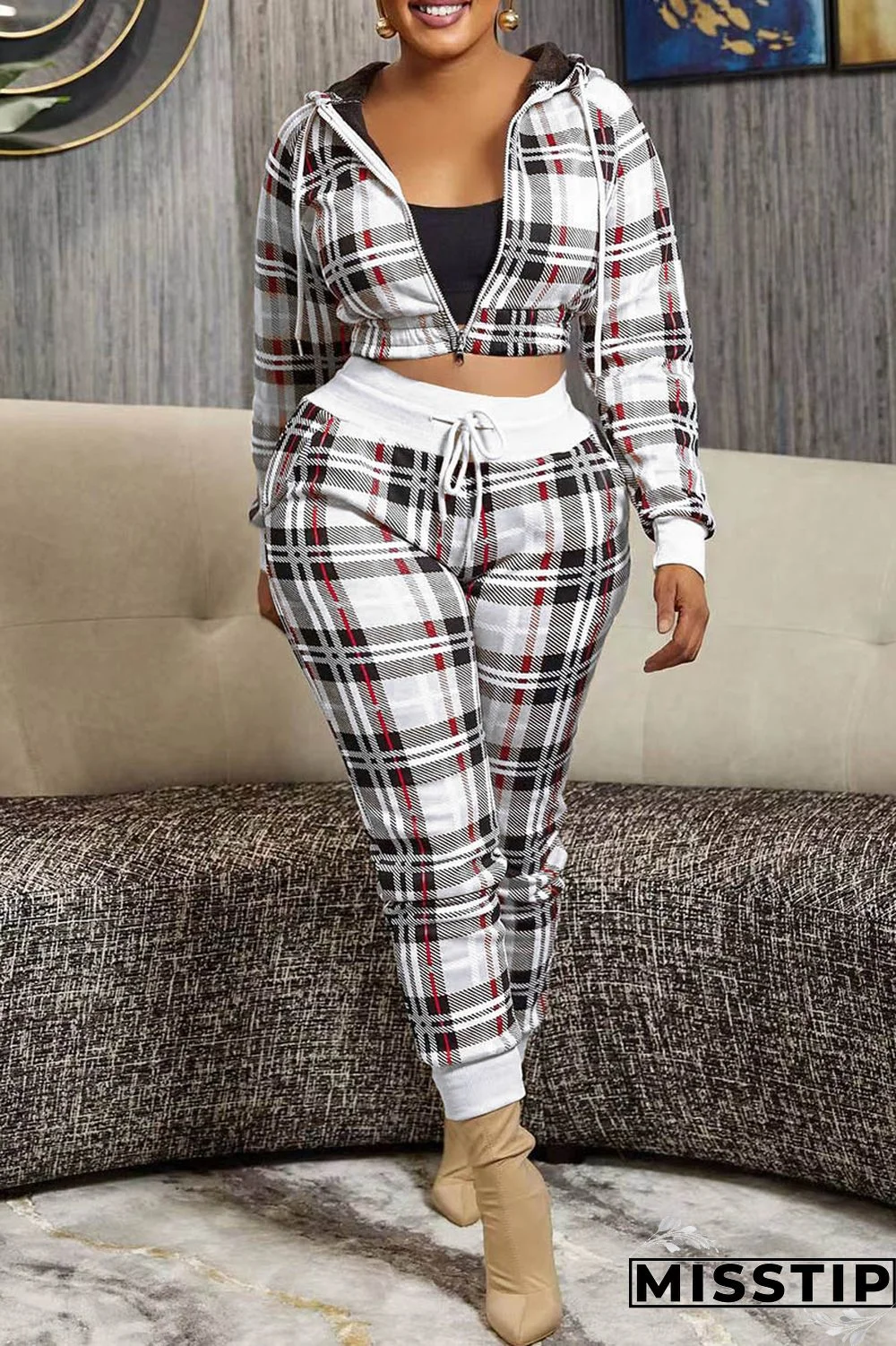 Pink Casual Plaid Print Patchwork Hooded Collar Long Sleeve Two Pieces