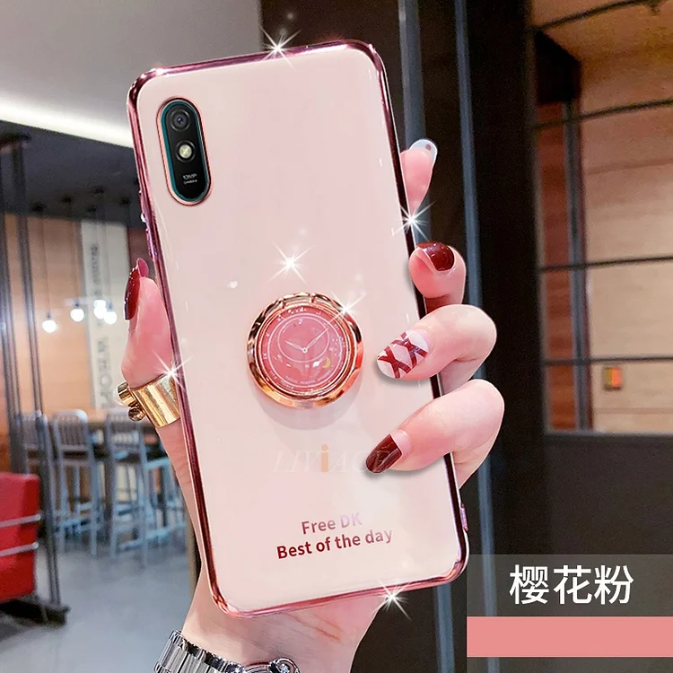 Ring Holder Soft Silicone Phone Case On For Xiaomi Redmi 9A 9AT Redmi9A Stand Luxury Plating Gold Bumper Back Cover Funda Shell
