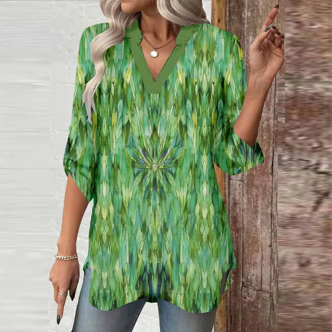 Women Green, Bohemian DZGA0388 3/4 Sleeve V-neck Printed Graphic Button Tops