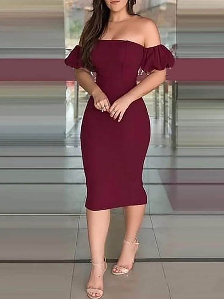 Promsstyle Burgundy off-shoulder puff sleeve evening dress Prom Dress 2023