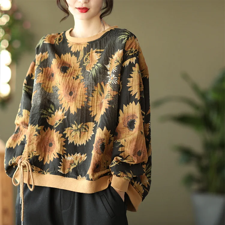 Large Size Slim Round Neck Printed Retro Casual Loose Sweater
