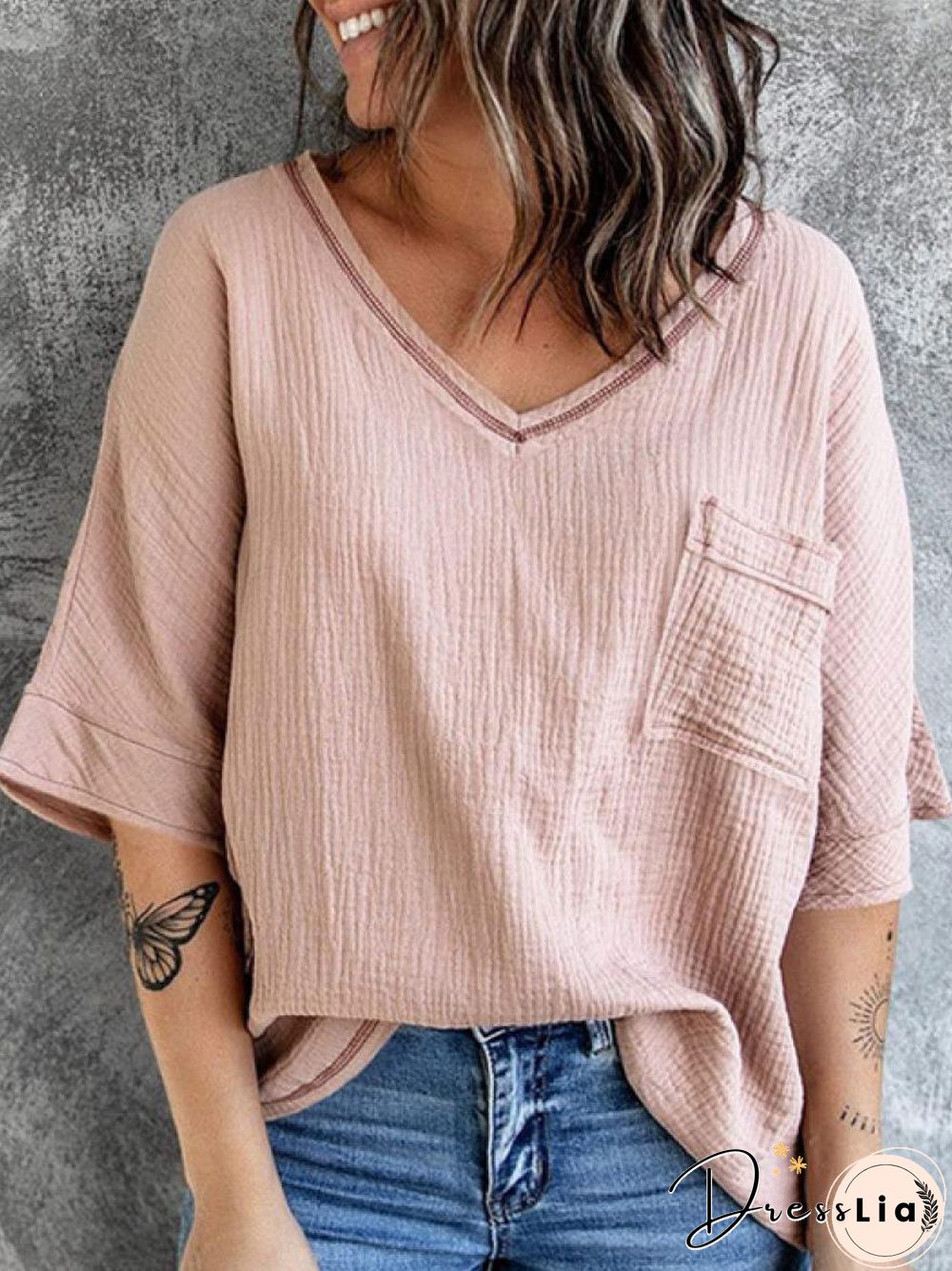 V-neck Solid Color Loose Casual Short-sleeved Blouse Linen