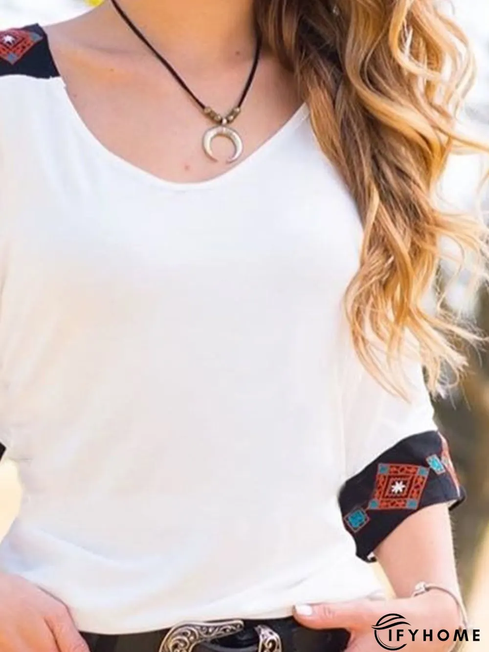 Vintage Boho Geometric Plus Size Half Sleeve Casual Tops | IFYHOME