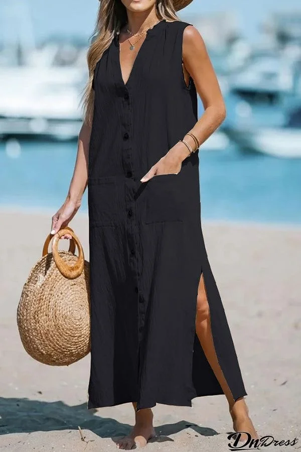 Cotton and linen sleeveless solid color single-breasted loose V-neck dress