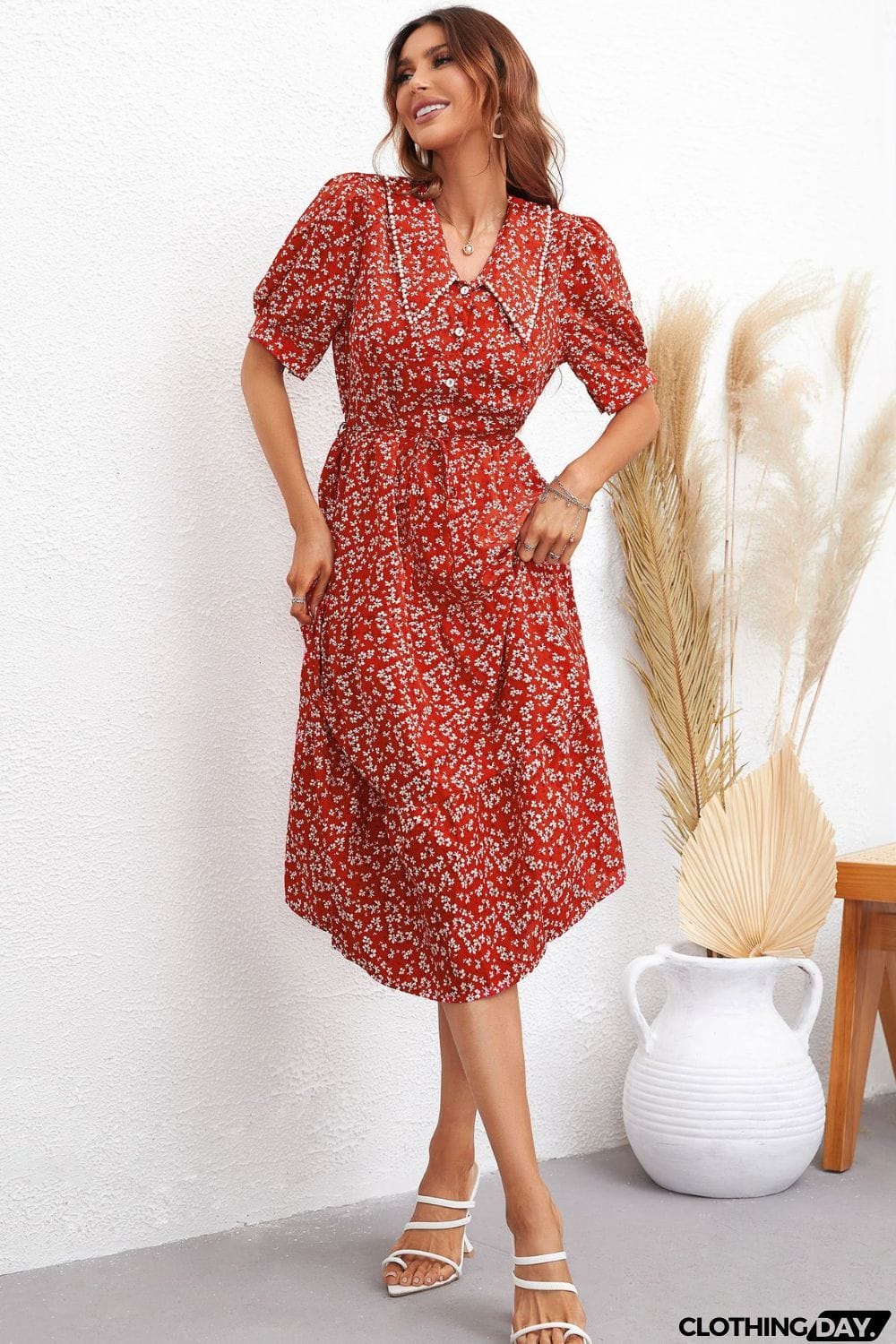 Floral Tie Waist Collared Neck Tiered Dress