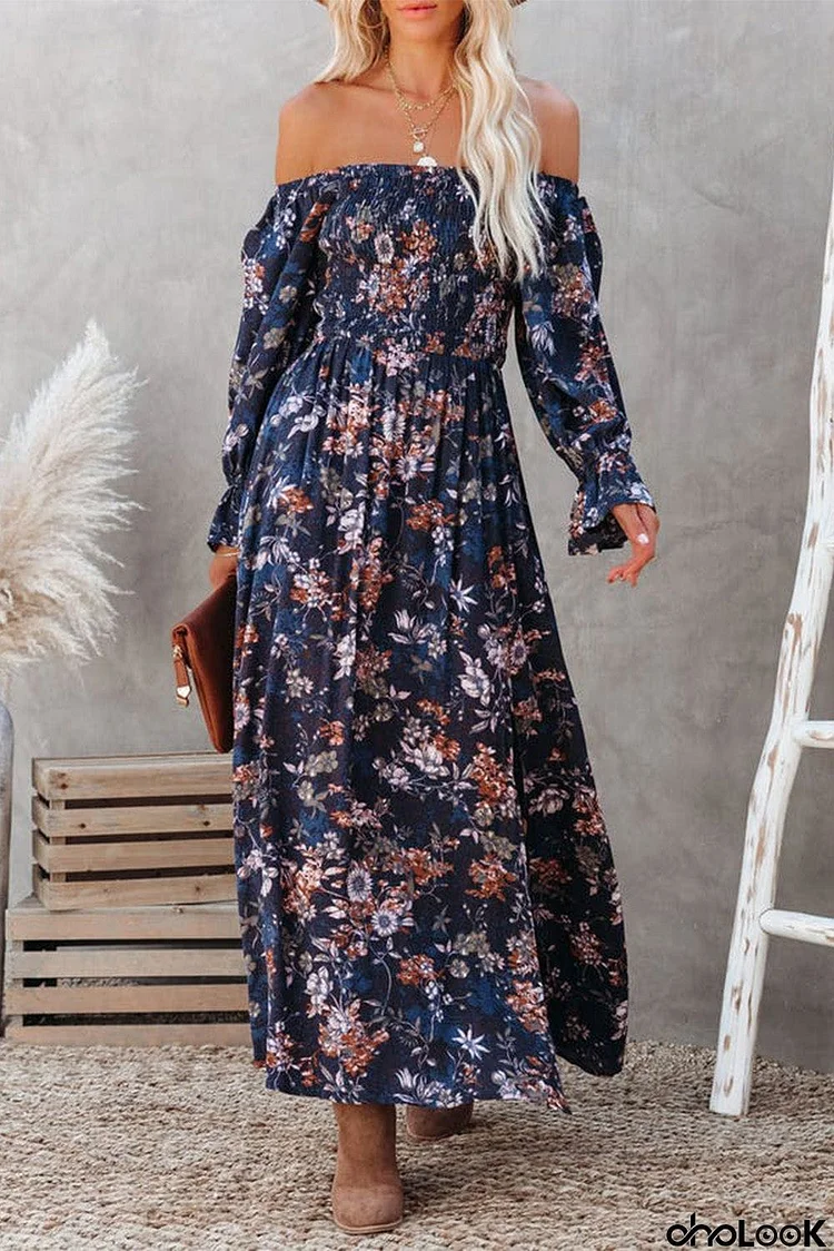 Smocked Off Shoulder Side Slit Floral Dress