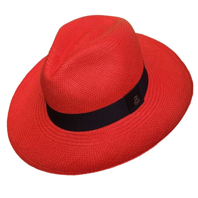Red Classic Fedora | Genuine Panama Hat | Toquilla Straw | Handwoven in Ecuador - EA - HatBox Included