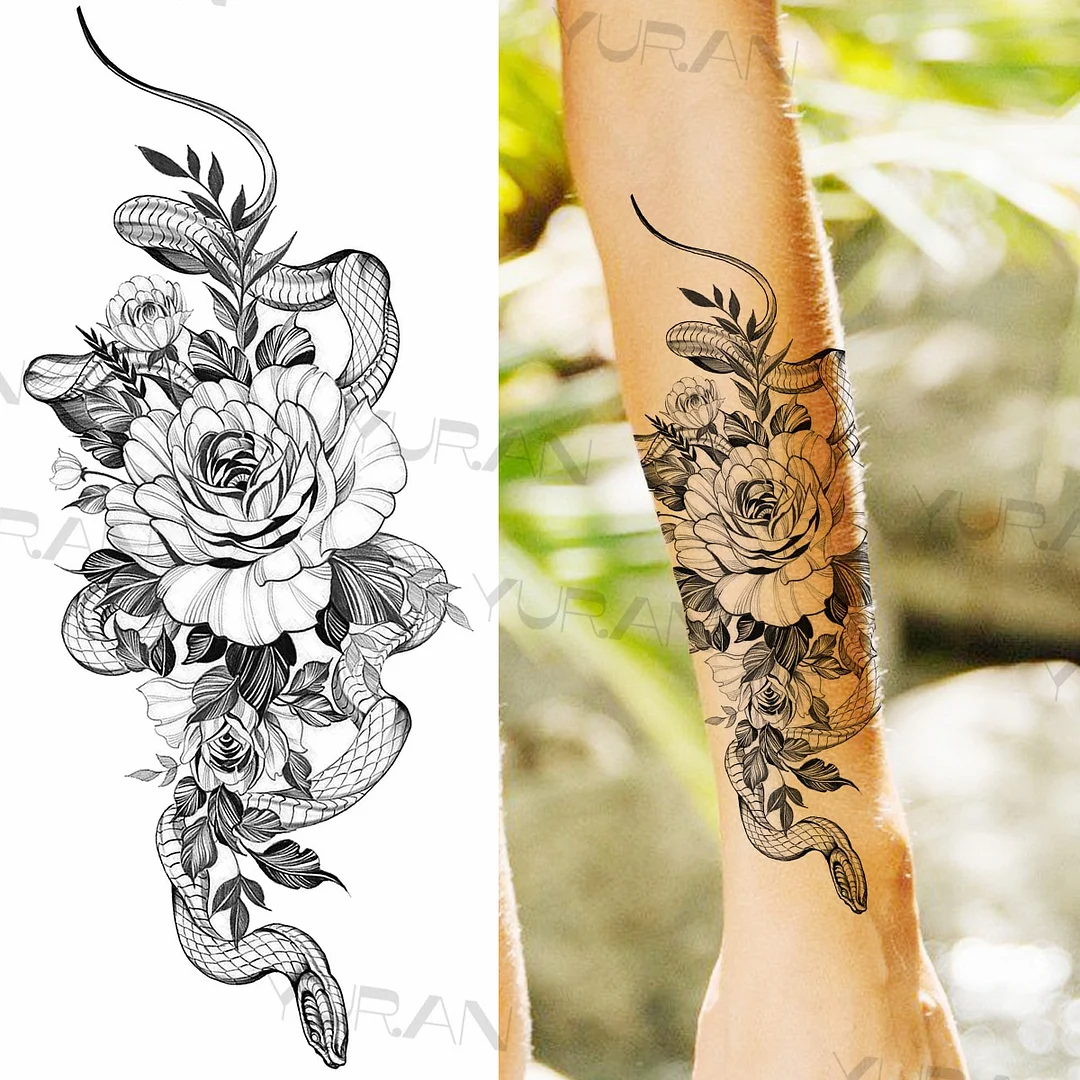 Sdrawing Rose Flower Temporary Tattoos For Women Realistic Snake Butterfly Flora Fake Tattoo Sticker Arm Body Waterproof Tatoos