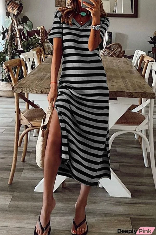 Stripe V Neck Slit Maxi Dress