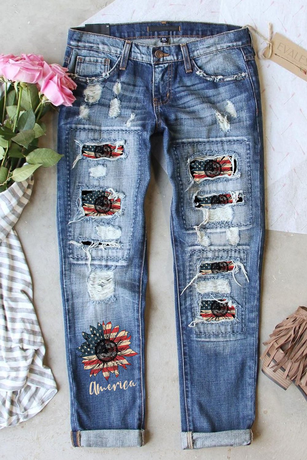 American Flag Sunflower Patriotic 4th of july Ripped Jeans