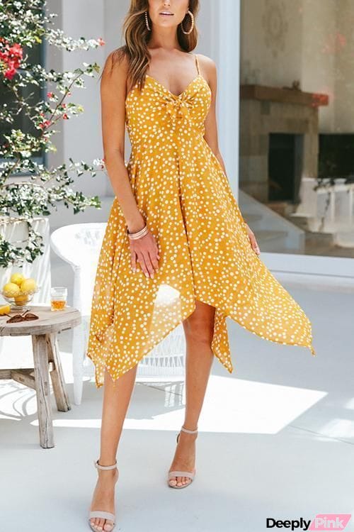 Dot Print Knot Spaghetti Strap Dress