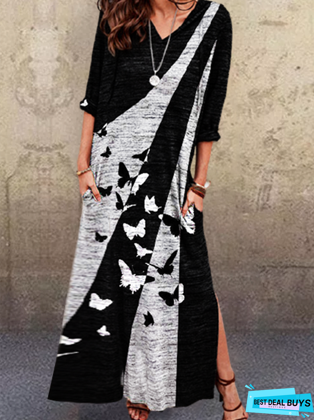 Long Sleeve Abstract Vintage Dresses Black Dresses