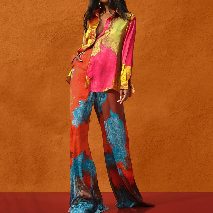 Fashion Contrasting Tie Dye Printed Long Sleeve Shirt Two-Piece Set