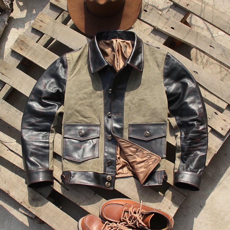 American Vintage Oil Waxed Canvas Patchwork Leather Casual Jacket