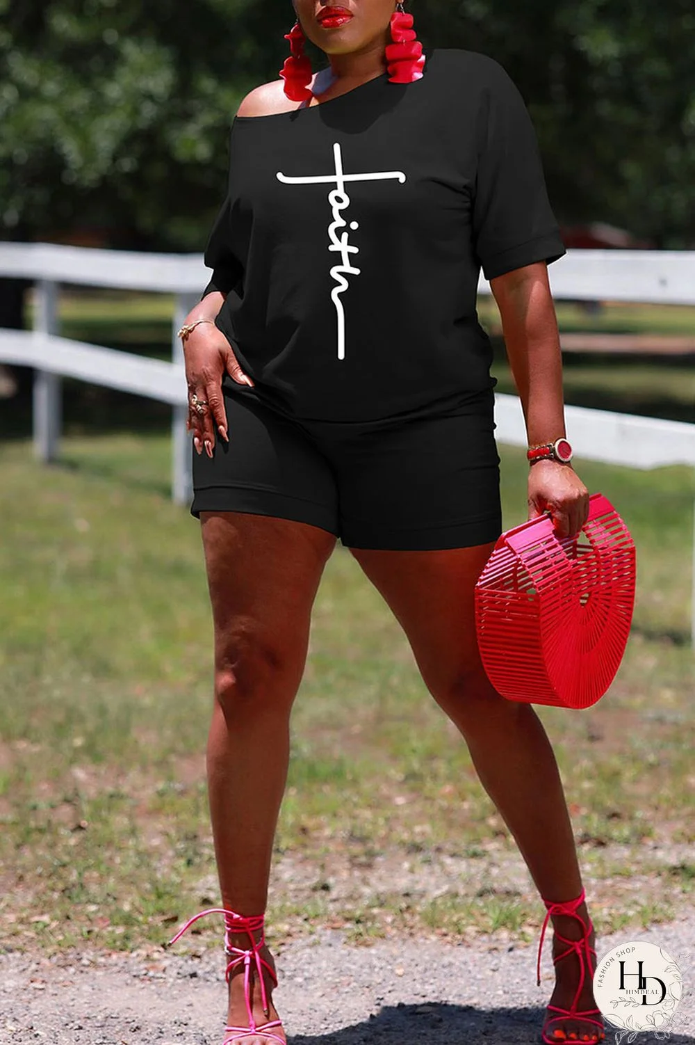 Tangerine Red Casual Print Patchwork O Neck Short Sleeve Two Pieces